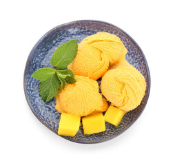 Plate with mango ice cream on white background