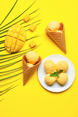 Composition with mango ice cream on color background