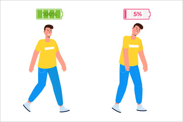 Full of energy and tired man with full charge and uncharged battery flat style concept.  Vector illustration