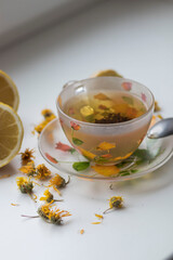 Green tea in a beautiful cup, with lemon and ginger