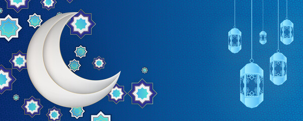 Ramadan Kareem Greeting Card. White blueish luxury geometrical ramadan ornament decoration with hanging white fanoos arabian lantern with blue night background and calligraphy for ramadan kareem.