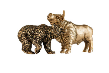 Isolated image of yellow metal bull and bear figurines. The concept of the symbol of stock trading, the interaction of buyers and sellers. A series of images.