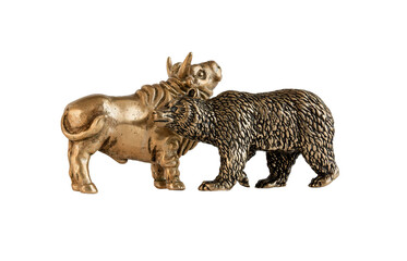 Isolated image of yellow metal bull and bear figurines. The concept of the symbol of stock trading, the interaction of buyers and sellers. A series of images.