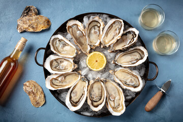 Oysters and wine. A dozen of raw oysters with a shucking knife