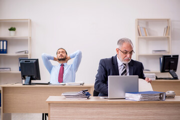 Fototapeta premium Old male boss and young employee working in the office