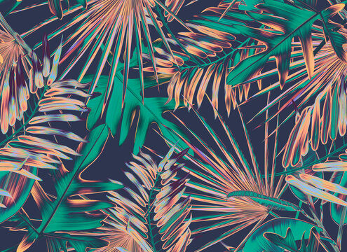 Seamless Leaves Pattern In Elegant Style. Palm leaves background. Tropical palm leaves, jungle leaves seamless floral pattern background