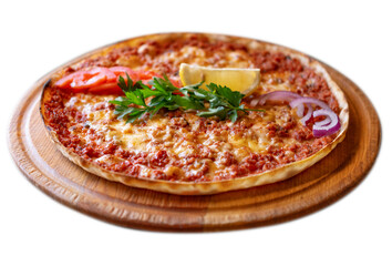 traditional oriental dish lahmajun (lahmacun) of Turkish, Arabic and Armenian cuisine. arabic pizza with meat, cheese, tomatoes, lemon and herbs, isolated