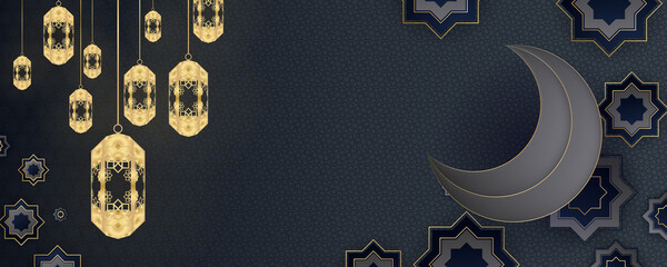 ramadan kareem islamic greeting card background vector illustration. Ramadan Kareem Horizontal Banner with lantern and moon. Gold moon and abstract luxury islamic elements background