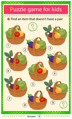 Find a item that does not have a pair. Puzzle for kids. Matching game, education game for children. Baskets of vegetables. Cabbage, beetroot, tomato, onion, eggplant.