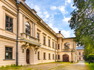 Fototapeta na wymiar New Zywiec Castle, south-eastern wing of Habsburgs Palace within historic park in Zywiec old town city center in Silesia region of Poland