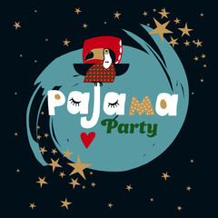 Pajama party. Cute toucan on the pillow. Vector illustration in a flat cartoon style. Suitable for postcards, children's parties, posters and other souvenir products.