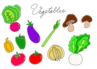 一筆書き 野菜03（カラー）トマト ピーマン かぶ アスパラガスなど