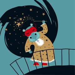 Good night. A hippo with a magic wand. Vector illustration in a flat cartoon style. Suitable for postcards, children's parties, posters and other souvenir products.