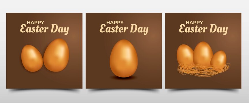 Happy Easter day social media post. Modern luxury social media post templates collection with hand drawn lettering and gold egg. Suitable for social media, banner, card, and web internet.