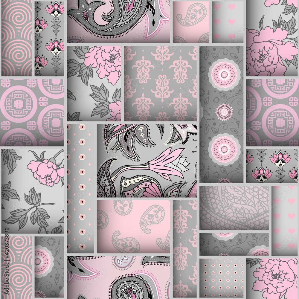 Poster Paper cut shapes design pattern. Seamless vector pattern. Pink and gray patchwork in layered style.