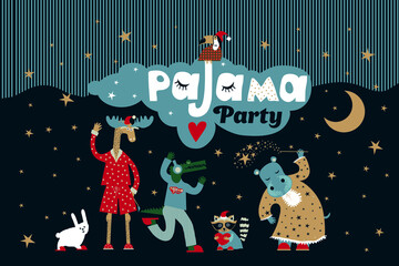 Pajama party. An image of stylized animals in a cartoon style. Moose, crocodile, hippo, toucan, raccoon and bunny in pajamas. They can be used in postcards, children's events, posters, and clothing.