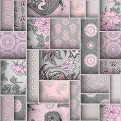 Paper cut shapes design pattern. Seamless vector pattern. Pink and gray patchwork in layered style.