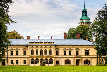 New Zywiec Castle, main south-western wing of Habsburgs Palace within historic park in Zywiec old town city center in Silesia region of Poland