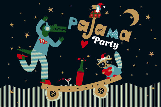 Pajama party. An image of stylized animals in a cartoon style. Crocodile and raccoon in pajamas. They can be used in postcards, children's events, posters, and clothing. Vector illustration.