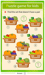 Find a set that does not have a pair. Puzzle for kids. Matching game, education game for children. Baskets of vegetables. Cabbage, beetroot, tomato, eggplant, pumpkin, carrot, zucchini