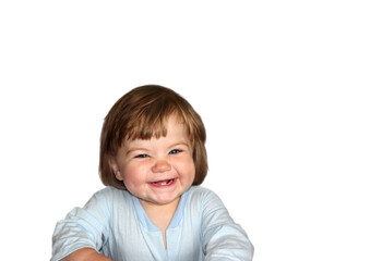 portrait of a little smiling girl in a blue shirt on a white background