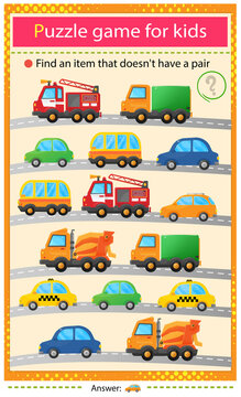 Find a car that does not have a pair. Puzzle for kids. Matching game, education game for children. Transport or vehicle. Worksheet to develop attention.