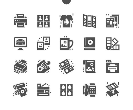 Print. Photo album. Printer, printing, machine and photocopying. Printing business cards. Color palette. Vector Solid Icons. Simple Pictogram