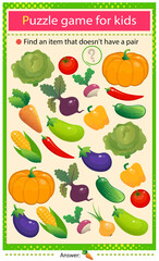 Find a veggie that does not have a pair. Puzzle for kids. Matching game, education game for children. Color set of vegetables. Cabbage, beetroot, radish, pepper, tomato, cucumber and pumpkin