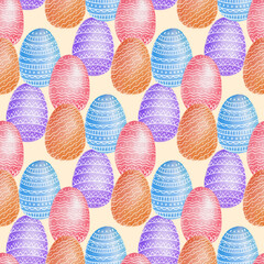 Hand drawn watercolor eggs seamless pattern. Easter holiday wrapping and textile pattern. Seamless background with doodle Easter eggs.