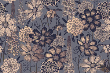 Nahtloses Frühlingsblumenmuster. Schwarz, Goldfoliendruck. Vintage-Vektor. © marinavorona