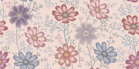 Blühen Sie nahtloses buntes Frühlingsblumenmuster. Vintage-Vektor. © marinavorona