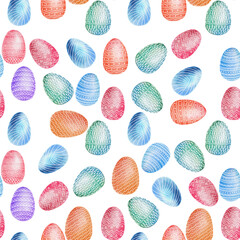 Hand drawn watercolor eggs seamless pattern. Easter holiday wrapping and textile pattern. Seamless background with doodle Easter eggs.