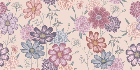 Blühen Sie nahtloses buntes Frühlingsblumenmuster. Vintage-Vektor. © marinavorona
