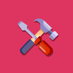 Screwdriver and hammer icon illustration. Isolated on a red background