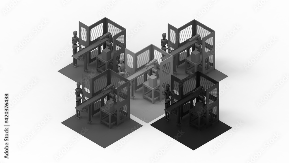 Aufkleber 3d rendering of a factory assembly line worker dummy on a conveyor belt.