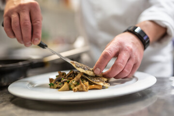 Chef plating fish on vegetables getting food ready for serving