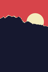 Illustration of a sunset in the mountains. Silhouette of mountains on the background of the sunset sun. Minimalist mountain landscape. Creative illustration