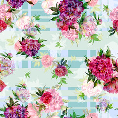 Abstract floral seamless pattern painted with paints lovely peonies with foliage