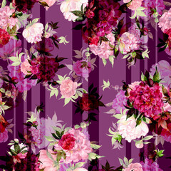 Fototapeta na wymiar Abstract floral seamless pattern painted with paints lovely peonies with foliage
