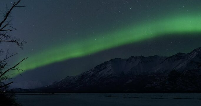 4K Aurora Borealis time-lapse over Knik River, Alaska. 