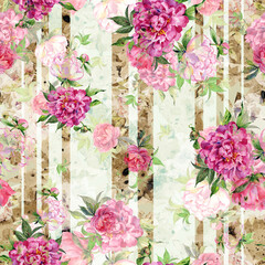 Abstract floral seamless pattern painted with paints lovely peonies with foliage