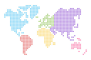 Obraz na płótnie Canvas Simplified world map drawn with round dots. Vector illustration (different colors for each continent)