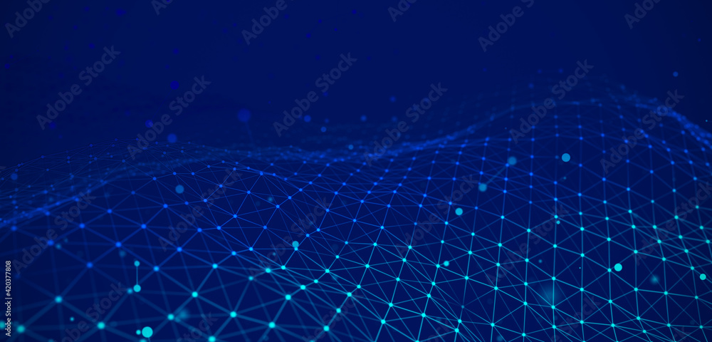 Poster Low poly shape with connecting dots and lines on blue background. Abstract polygonal space, dark background with connecting dots and lines. 3d rendering. Big data visualization.