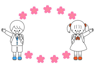 小学生　男の子　女の子　桜　フレーム　線画