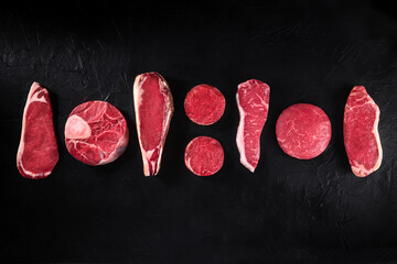 Many different cuts of meat, shot from above