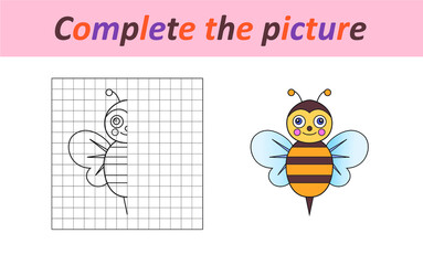 Complete the picture of a funny bee. Copy the picture. Coloring book. Educational game for children. Cartoon vector illustration