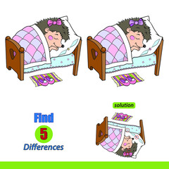 Cartoon illustration of finding differences between pictures educational game for children with a sleeping little hedgehog in bed