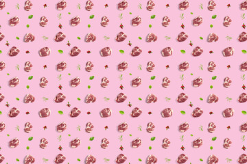 background with raw pork meat slices on pink background, raw food background, not pattern modern creative, flatlay