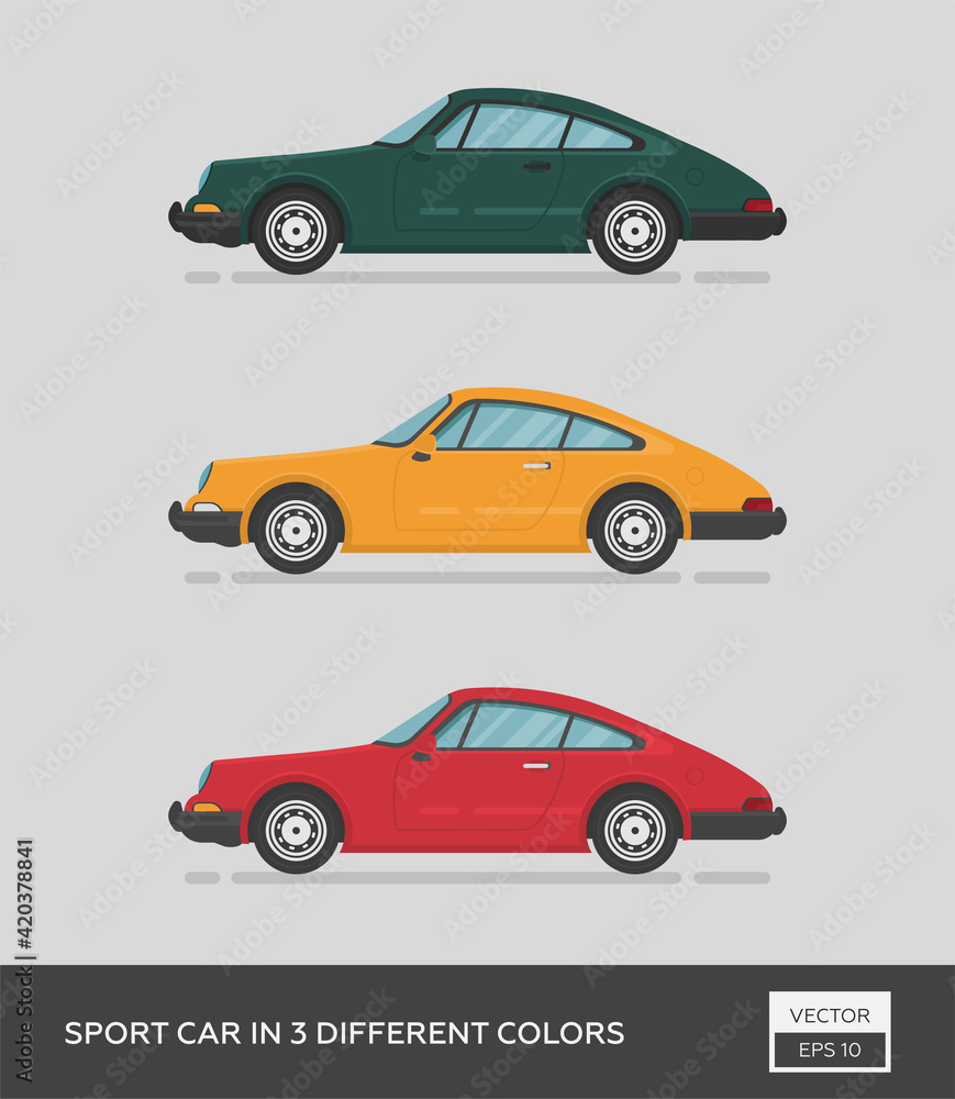 Wall mural Urban vehicle. Sport car in 3 different colors. Cartoon flat illustration, auto for graphic and web design.