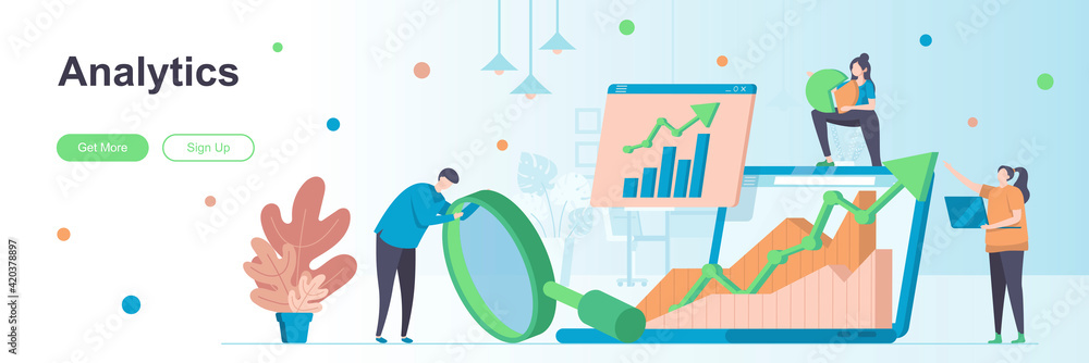 Aufkleber analytics landing page with people characters. business indicators analysis banner. financial statem
